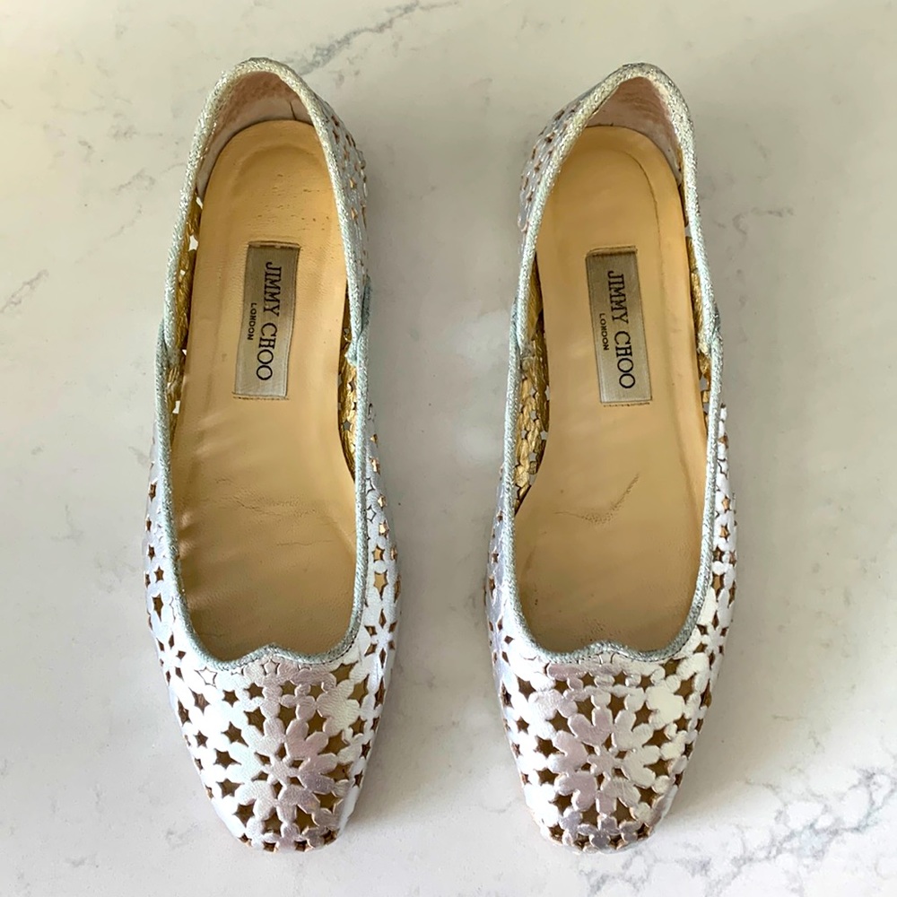 Jimmy Choo Silver Metallic Ballet Flats. Worn Only A … - Gem
